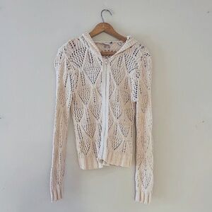 CAbi Open Knit Zipped Hooded Cardigan, Cream, Sz M